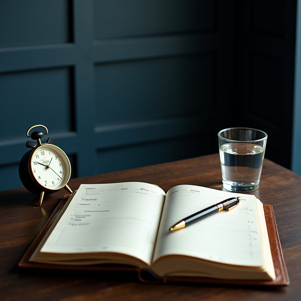 Strukturierter Arbeitsplatz mit Notizbuch und Uhr